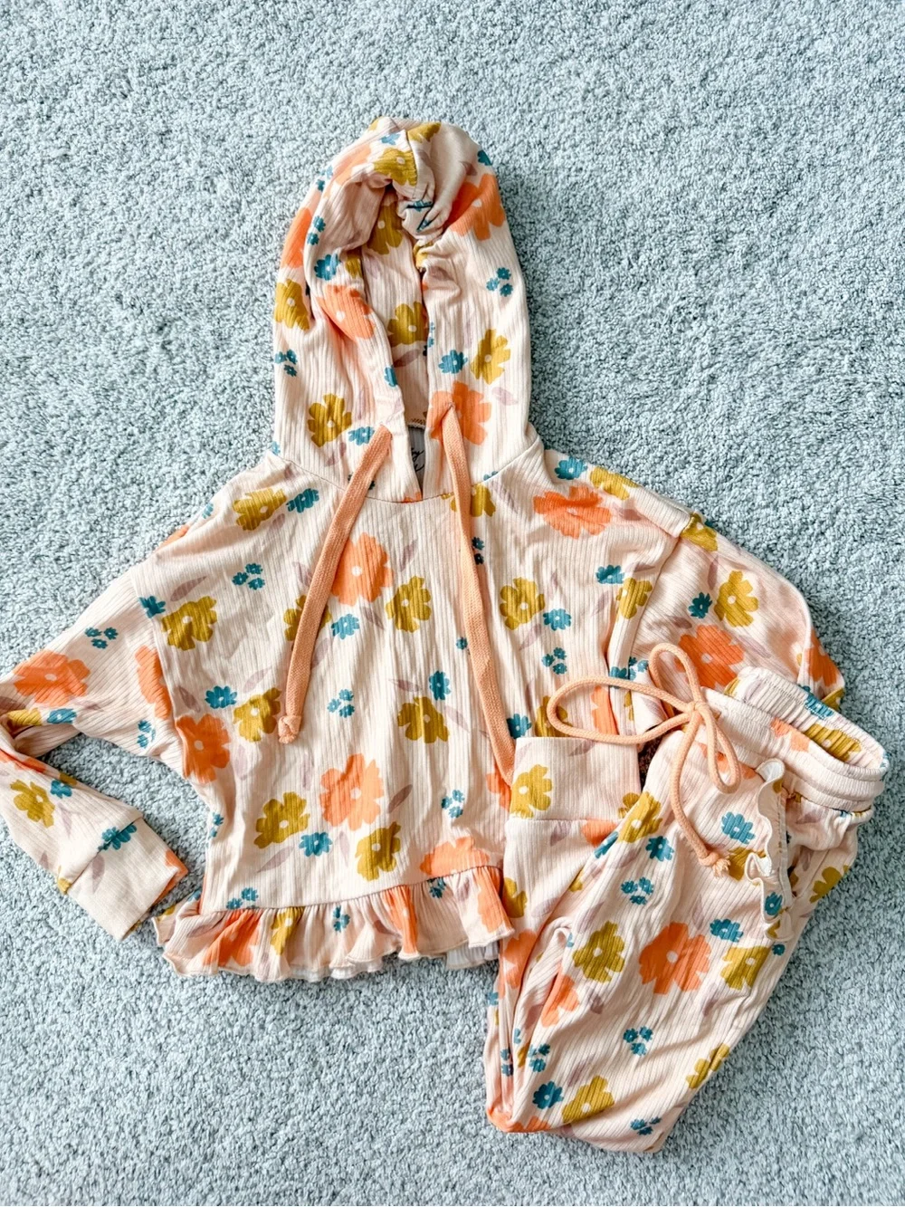Kids Floral Hoodie & Jogger Matching Set - Peach Multicolor